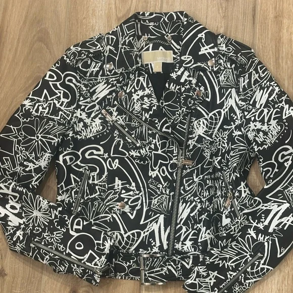 Michael Kors Graffiti Leather Black and White  Leather Moto Jacket SZ Small - Picture 6 of 10